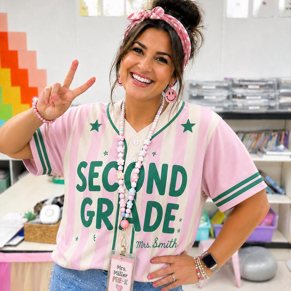 Custom Teacher Baseball Jersey, Personalized Grade Level & Name Pinstripe Shirt