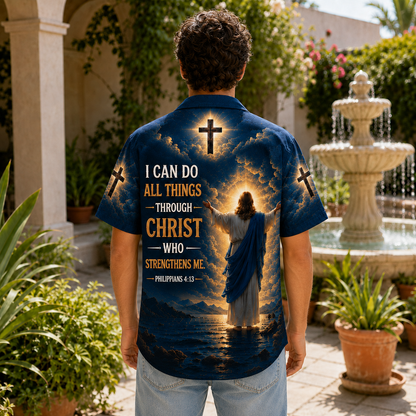 Navy Jesus Is My Savior Hawaiian Shirt – Philippians 4:13 Christian Faith Button-Up