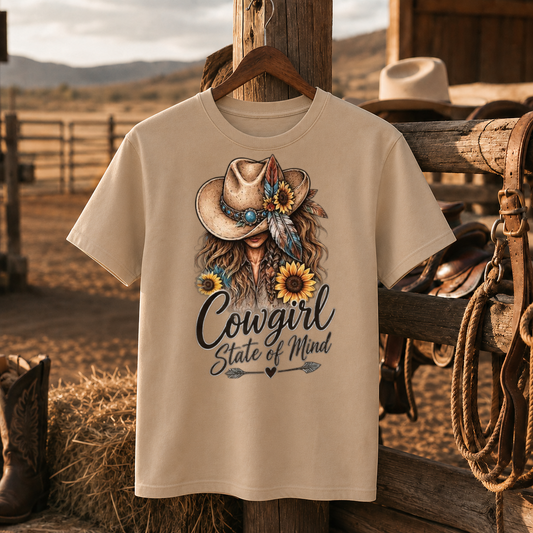 Cowgirl State Of Mind Western Shirt, Cowgirl Hat Sunflower – Unisex Tshirt/Hoodie/Sweatshirt
