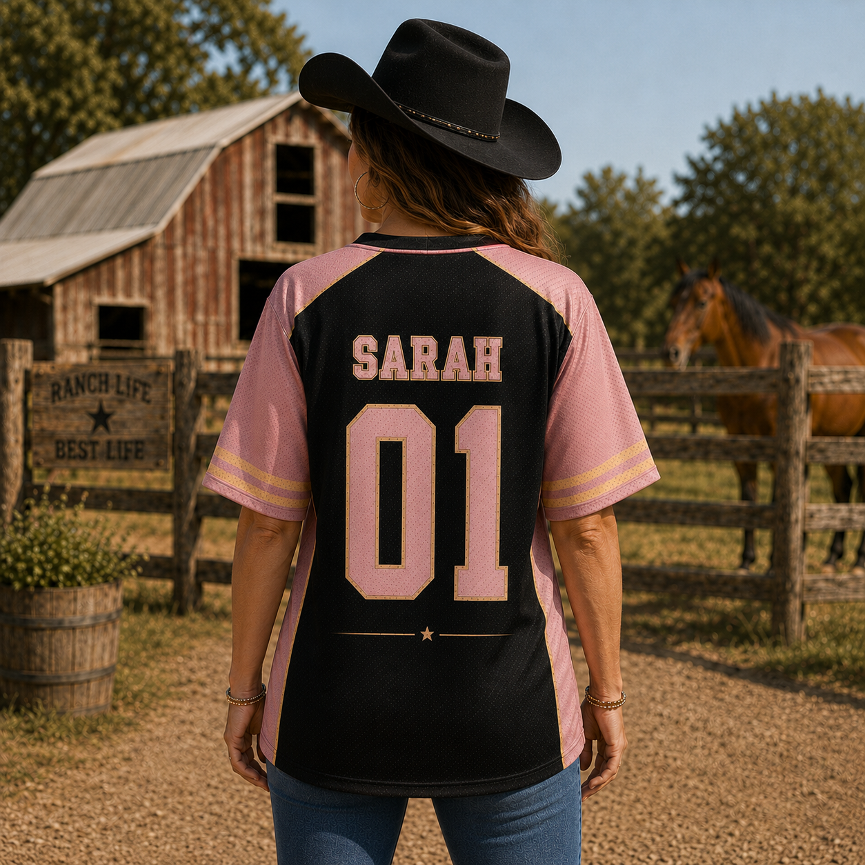 Custom Pink Ranch Horse Family Reunion Mesh Jersey – Personalized Family Name, Individual Name & Number