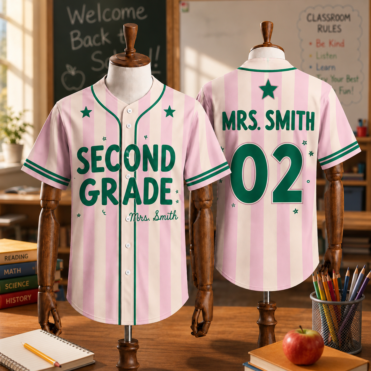 Custom Teacher Baseball Jersey, Personalized Grade Level & Name Pinstripe Shirt