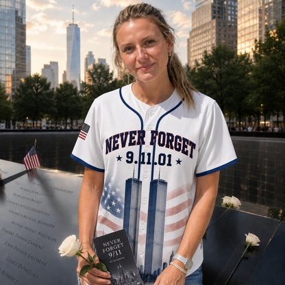 Never Forget 9/11 Memorial Baseball Jersey - Twin Towers & Firefighter Tribute