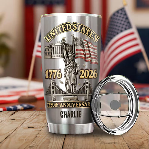 Personalized 2D Flat USA 250th Anniversary 20 OZ Tumbler, Custom Name Patriotic Stainless Steel Cup, 1776–2026 America