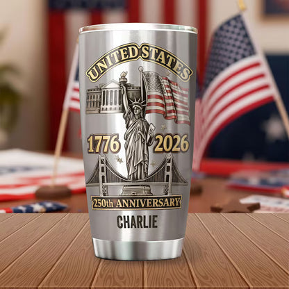 Personalized 2D Flat USA 250th Anniversary 20 OZ Tumbler, Custom Name Patriotic Stainless Steel Cup, 1776–2026 America