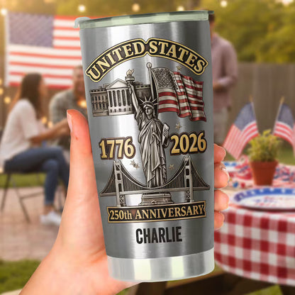 Personalized 2D Flat USA 250th Anniversary 20 OZ Tumbler, Custom Name Patriotic Stainless Steel Cup, 1776–2026 America