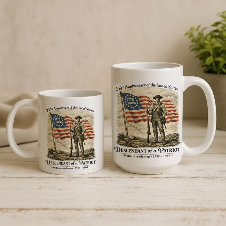 Personalized 250th Anniversary of the United States Mug, Descendant of a Patriot 1776–2026 Coffee Cup, Historic American Heritage Gift