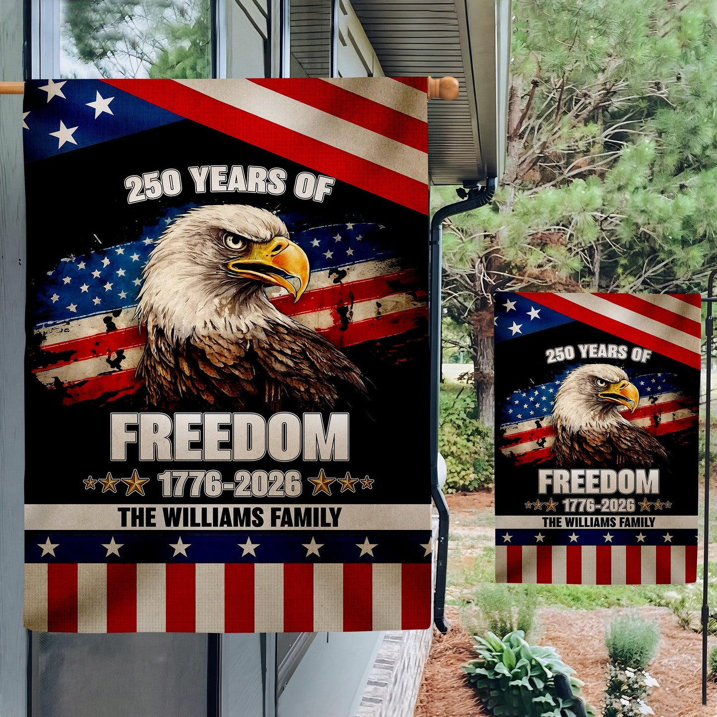 Personalized 250 Years America Garden Flag, USA 1776–2026, Custom Family Name, Outdoor Garden Decor, Freedom Black Eagle Design