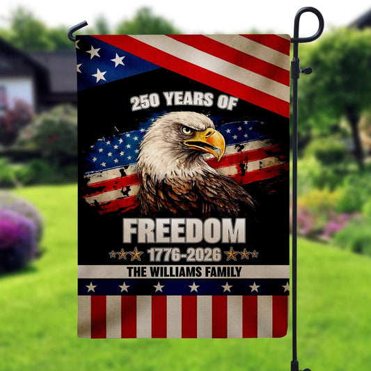 Personalized 250 Years America Garden Flag, USA 1776–2026, Custom Family Name, Outdoor Garden Decor, Freedom Black Eagle Design