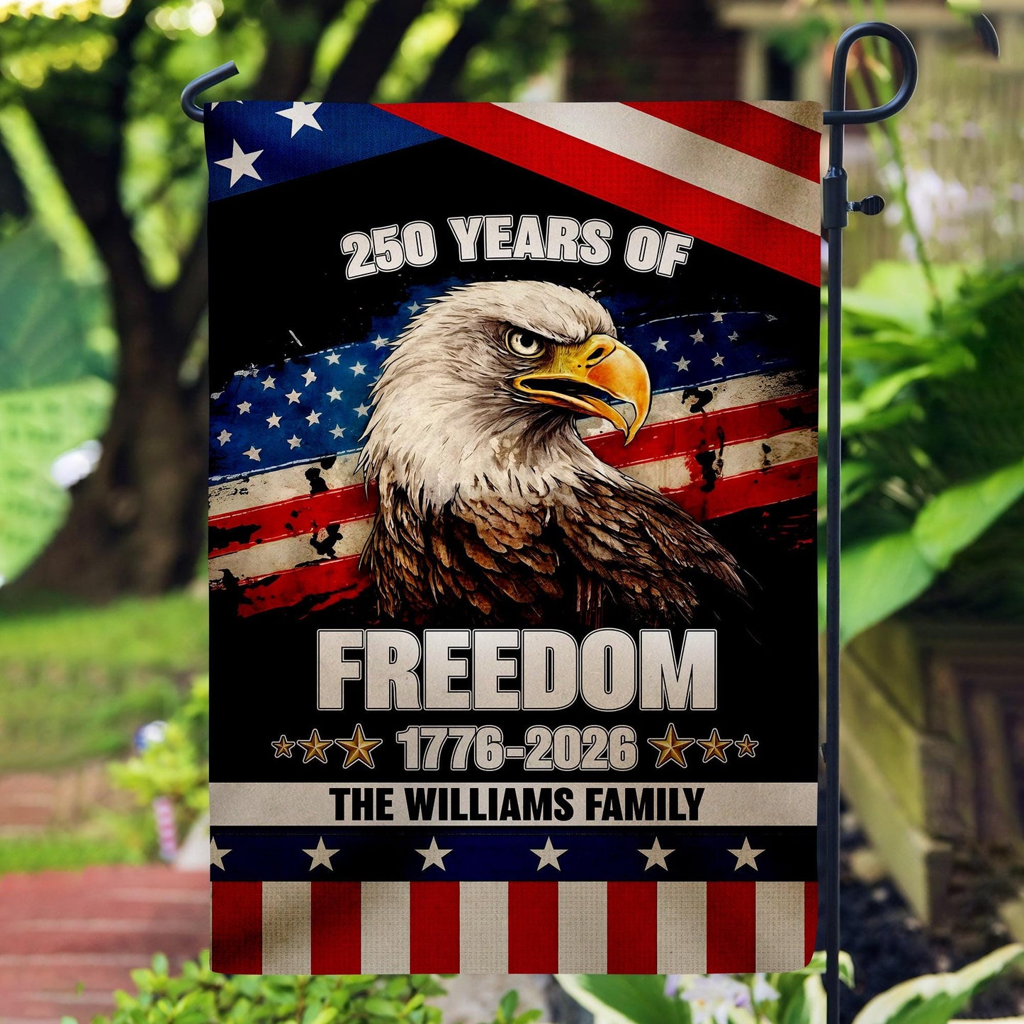 Personalized 250 Years America Garden Flag, USA 1776–2026, Custom Family Name, Outdoor Garden Decor, Freedom Black Eagle Design