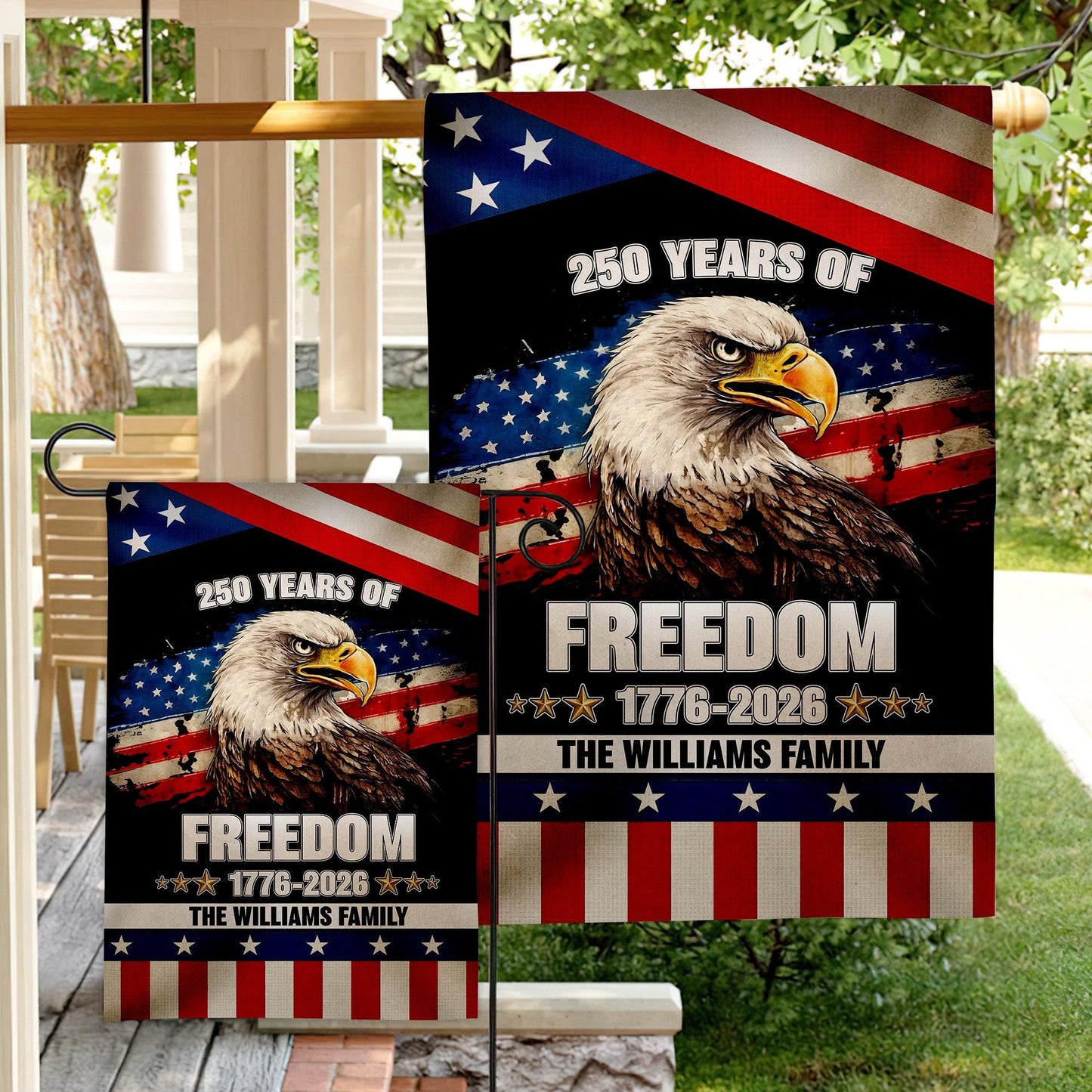 Personalized 250 Years America Garden Flag, USA 1776–2026, Custom Family Name, Outdoor Garden Decor, Freedom Black Eagle Design