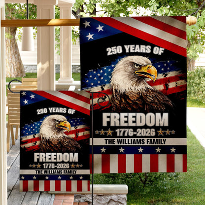 Personalized 250 Years America Garden Flag, USA 1776–2026, Custom Family Name, Outdoor Garden Decor, Freedom Black Eagle Design