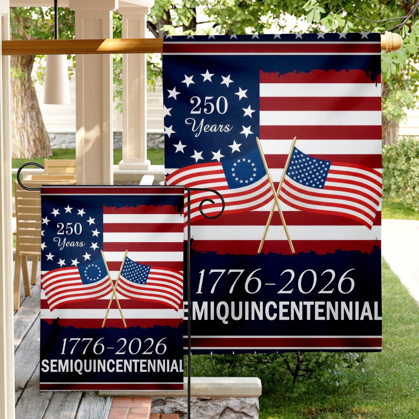 America 250 Semiquincentennial Garden Flag , 250th Anniversary USA Patriotic Flag, Vintage Independence Day, Patriotic Tee with USA Flag