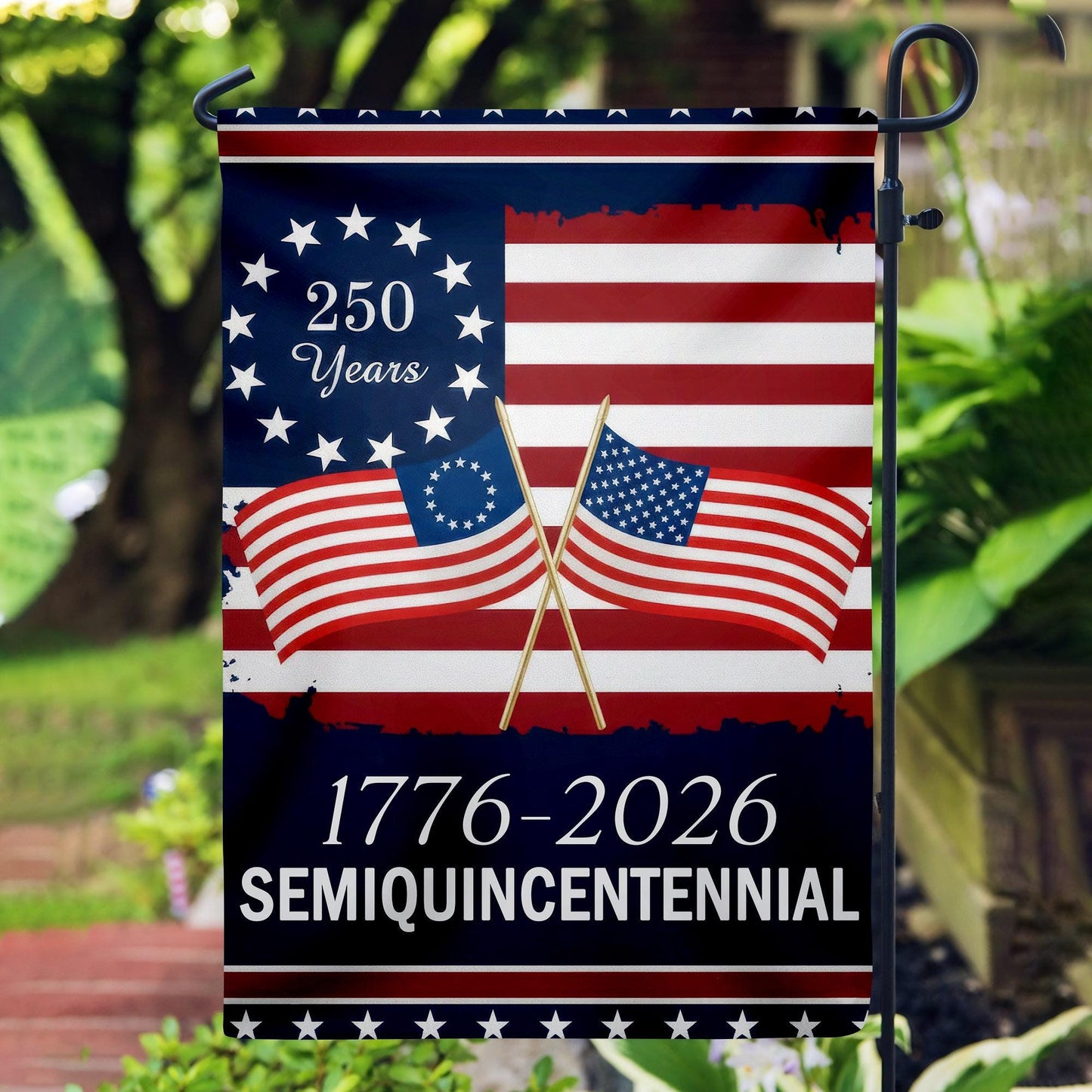 America 250 Semiquincentennial Garden Flag , 250th Anniversary USA Patriotic Flag, Vintage Independence Day, Patriotic Tee with USA Flag