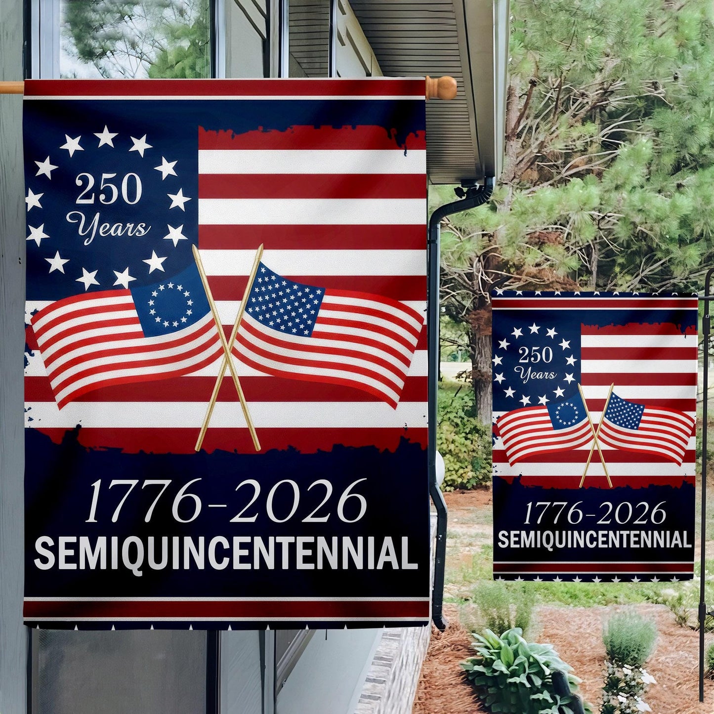 America 250 Semiquincentennial Garden Flag , 250th Anniversary USA Patriotic Flag, Vintage Independence Day, Patriotic Tee with USA Flag