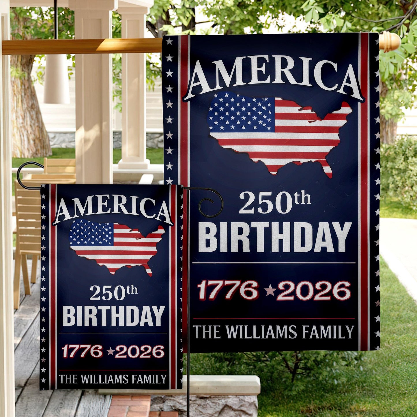 Custom Family Name America 250 Birthday 1776-2026 Double-Sided Flag, America 250th Anniversary, Veteran Day Gift, 4th of July