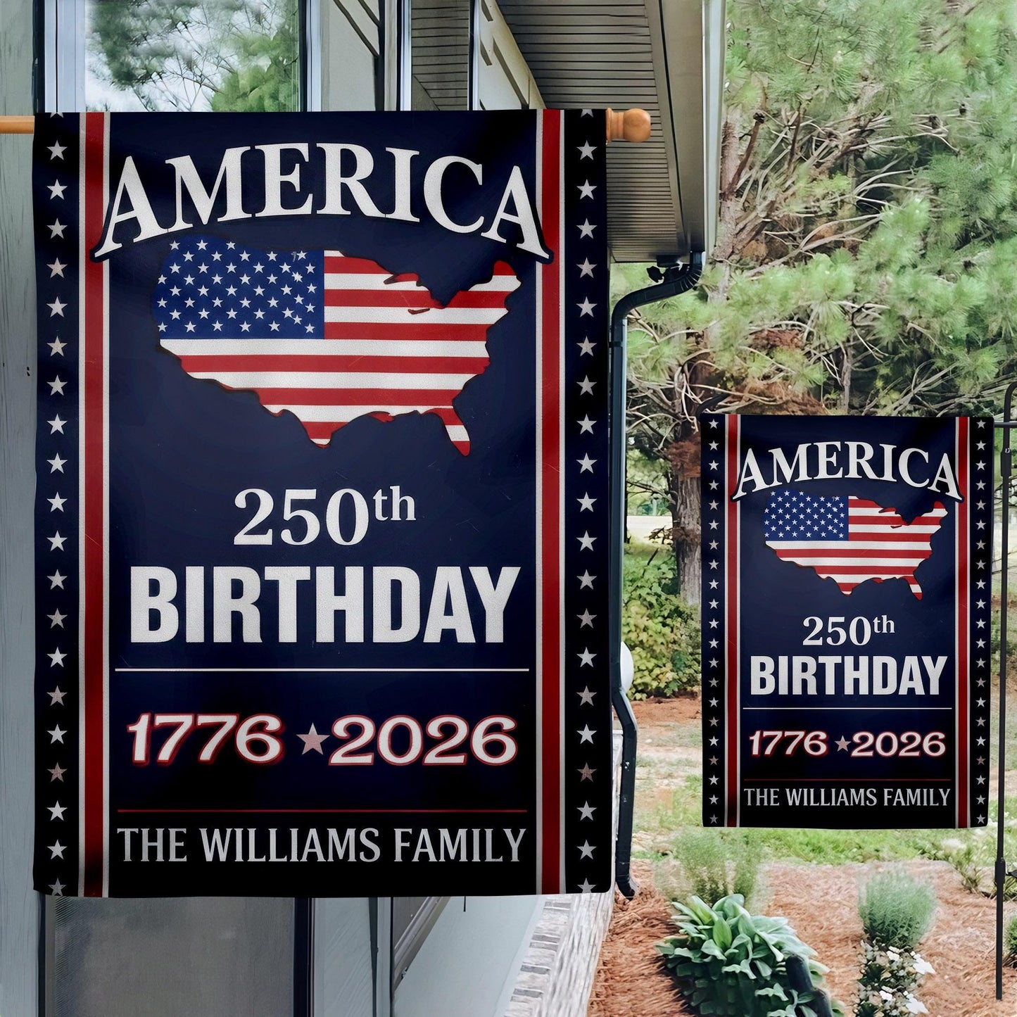 Custom Family Name America 250 Birthday 1776-2026 Double-Sided Flag, America 250th Anniversary, Veteran Day Gift, 4th of July