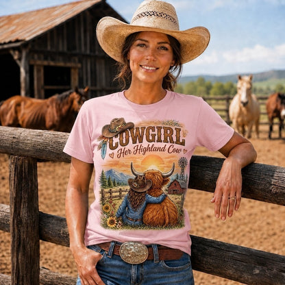 Cowgirl and Highland Cow Sunset Western -Unisex Tshirt /Hoodie/Sweatshirt