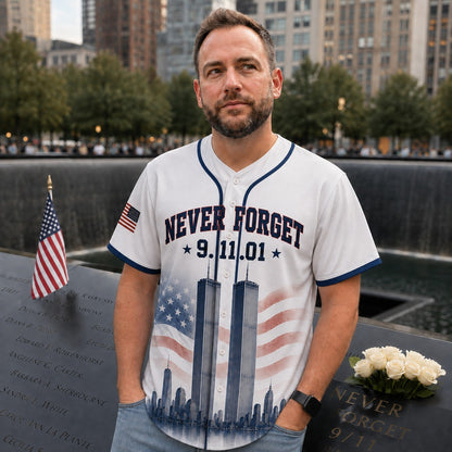 Never Forget 9/11 Memorial Baseball Jersey - Twin Towers & Firefighter Tribute