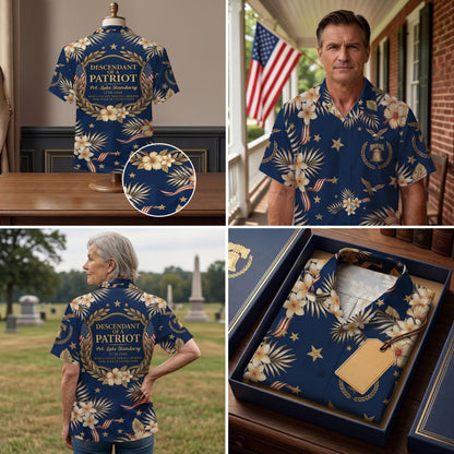 Personalized 250 Years of America Hawaiian Shirt, Custom Name Descendant of a Patriot, Luke Stansbury 1758-1848 Tee
