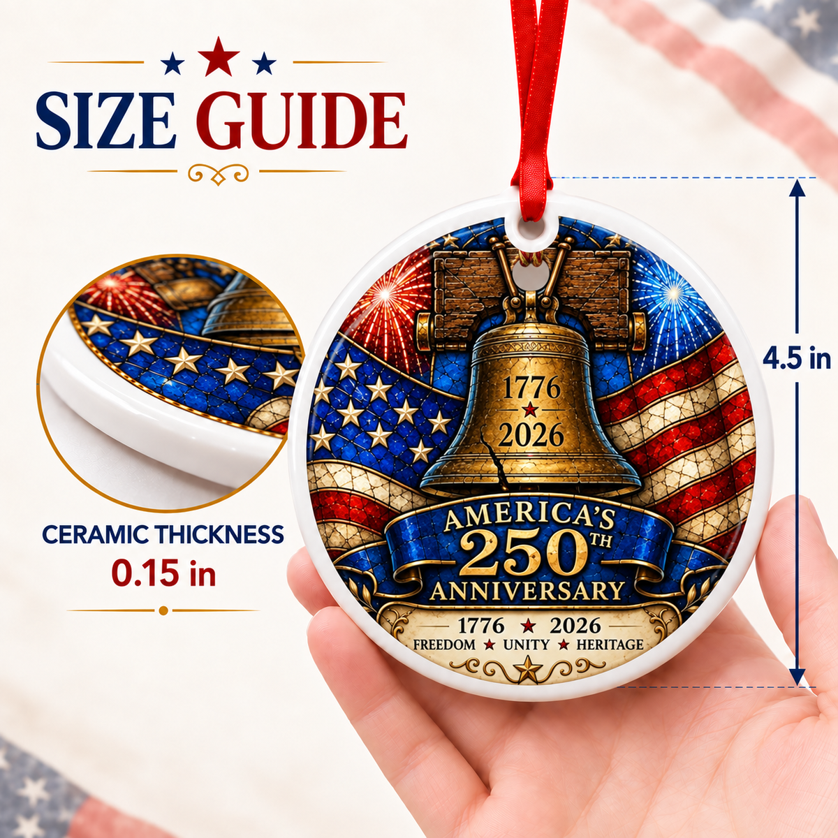 America 250th Anniversary 3-Inch Liberty Bell & American Flag Patriotic Ornament