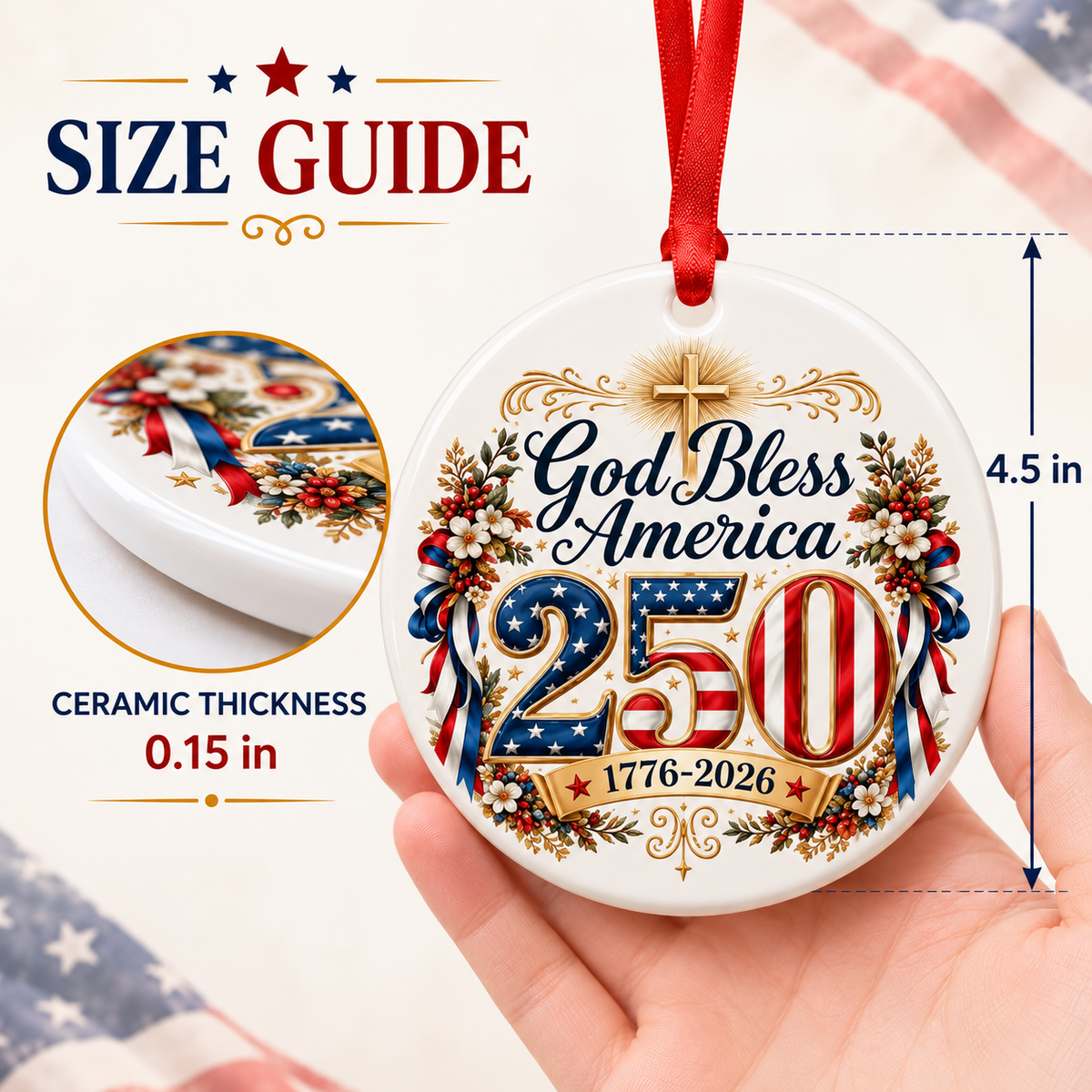 1776–2026 God Bless America Ceramic Ornament.